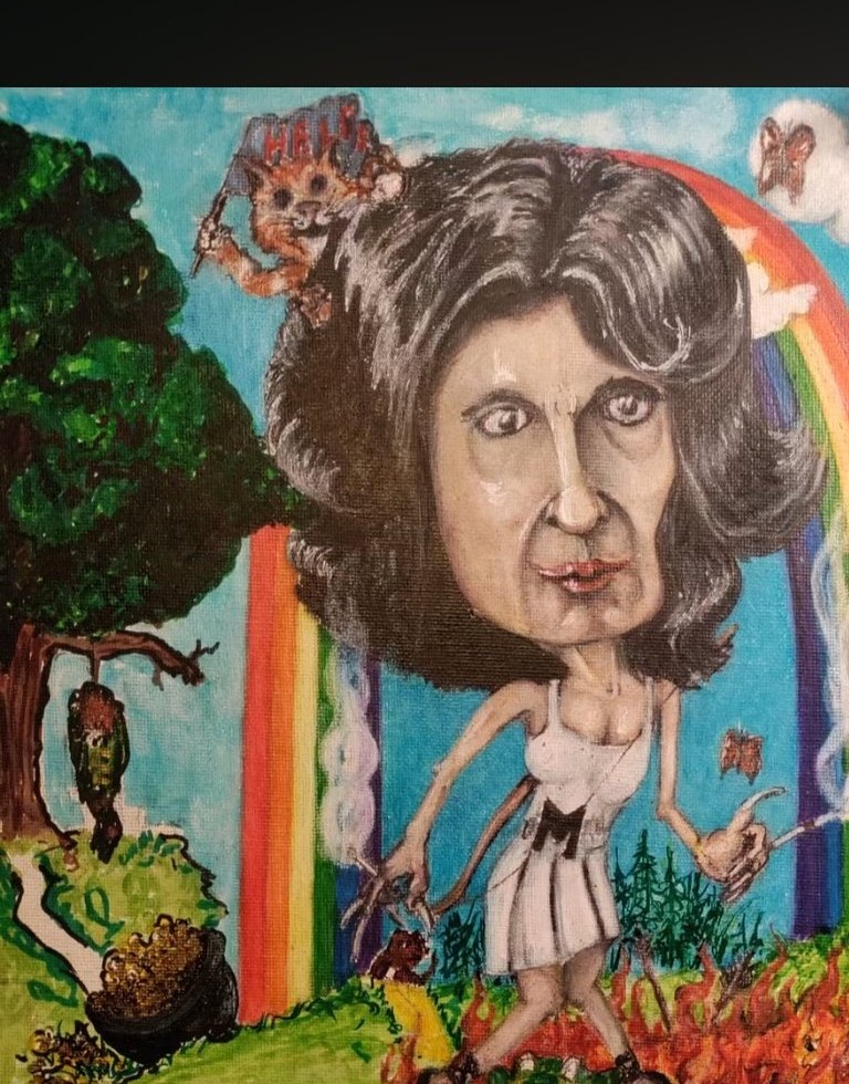Colorful caricature painting with a rainbow and storybook landscape