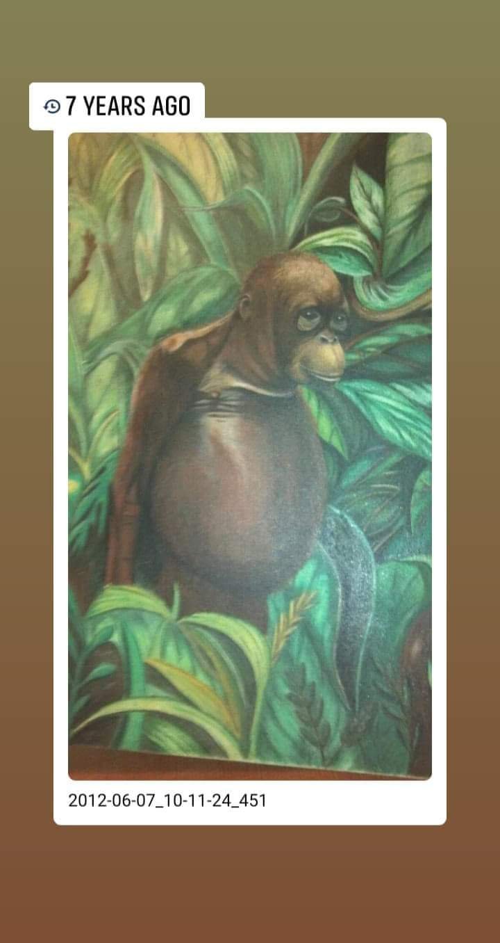 Painting of a young orangutan among dense green jungle leaves
